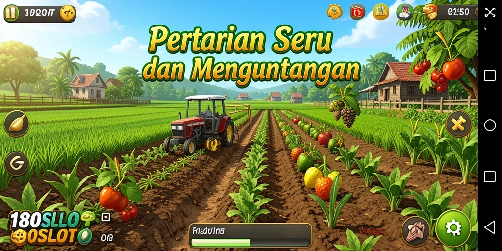 Screenshot gameplay 180SLOT dengan berbagai tanaman dan aktivitas bertani.