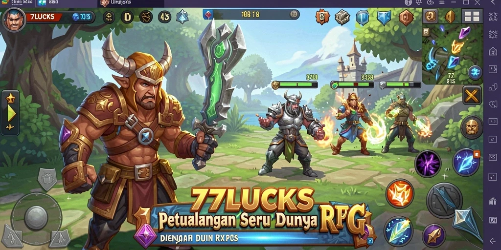 Screenshot permainan 77LUCKS yang menampilkan aksi pertarungan RPG.