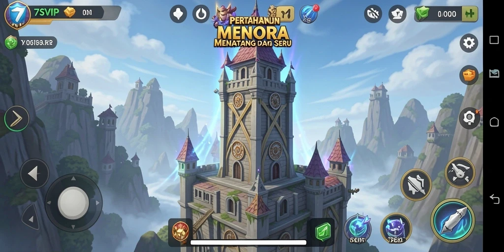 Tangkapan layar gameplay 7SVIP menampilkan menara dan musuh yang saling berhadapan.
