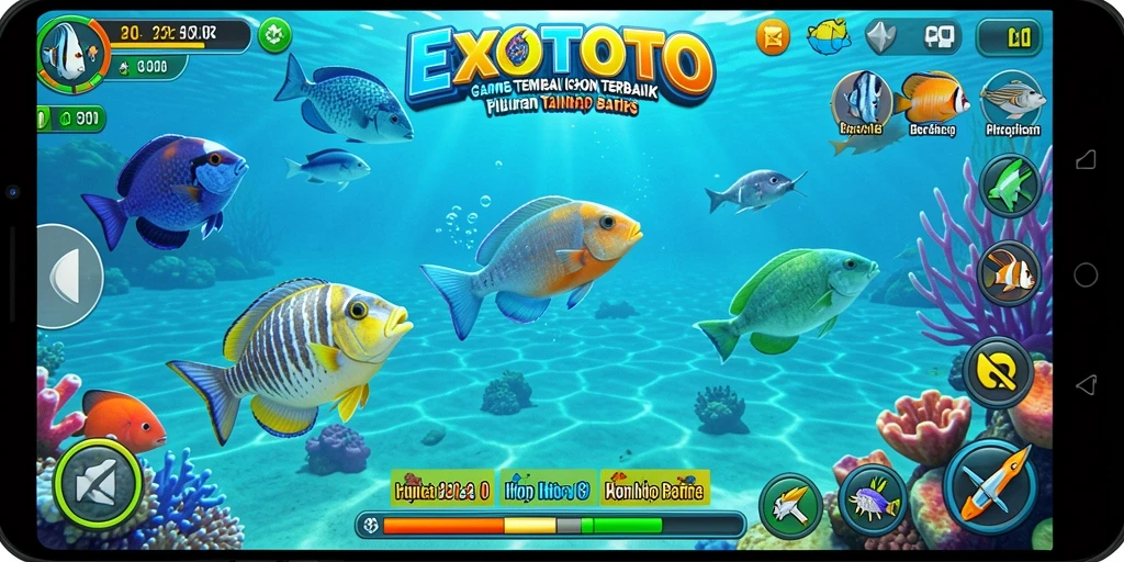 Screenshot gameplay EXOTOTO menampilkan aksi tembak ikan yang seru.