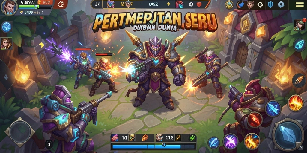 Tampilan gameplay seru GIM999 dengan aksi MOBA yang mendebarkan.