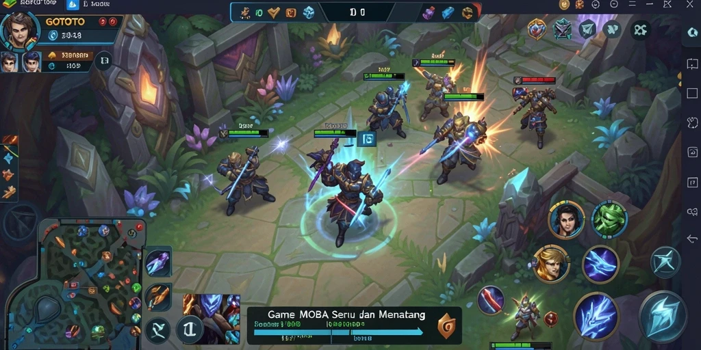 Screenshot gameplay GOTOTO yang menampilkan aksi pertempuran antar tim MOBA.
