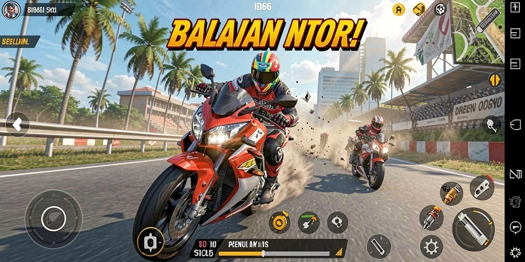 Gameplay seru dengan balapan motor di berbagai trek menantang.