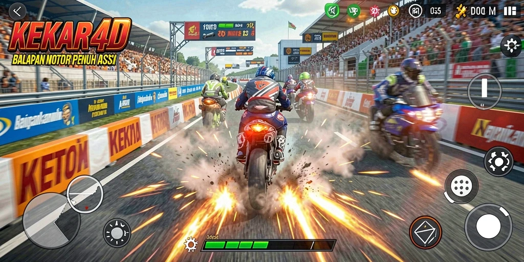 Tampilan gameplay KEKAR4D dengan aksi balapan motor yang seru.