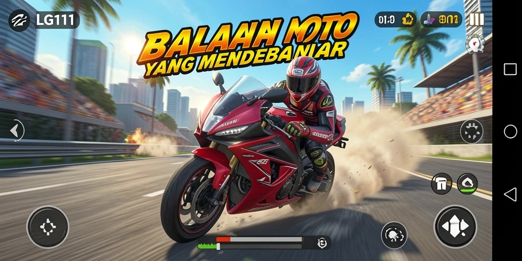 Screenshot LG111 menampilkan aksi balapan motor yang intens dan mendebarkan.