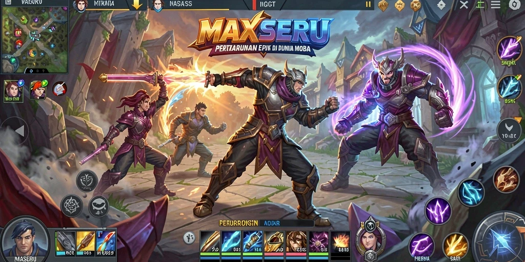 Tangkapan layar gameplay seru MAXSERU dengan pertarungan tim yang intens.