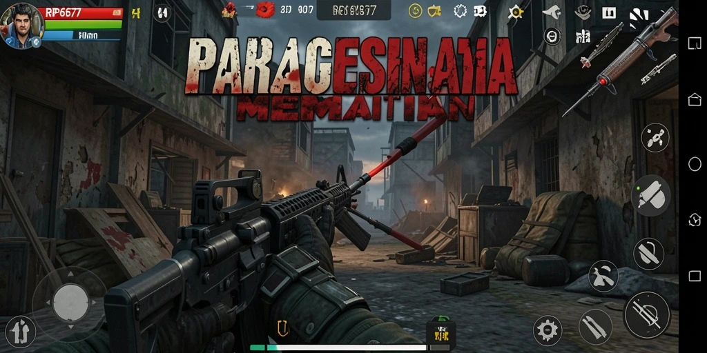 Screenshot menunjukkan aksi menegangkan dalam permainan FPS RP6677.