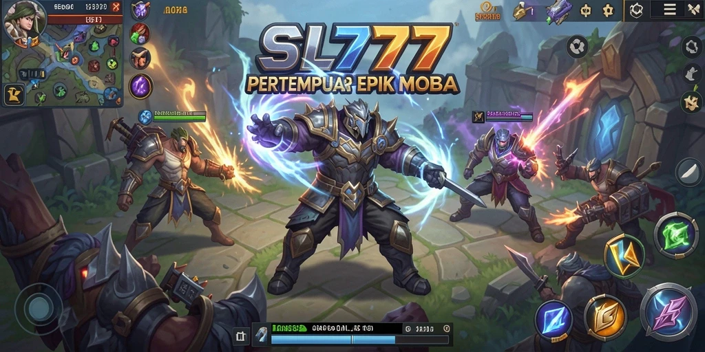 Screenshot gameplay SL777 menampilkan pertempuran seru di arena MOBA.